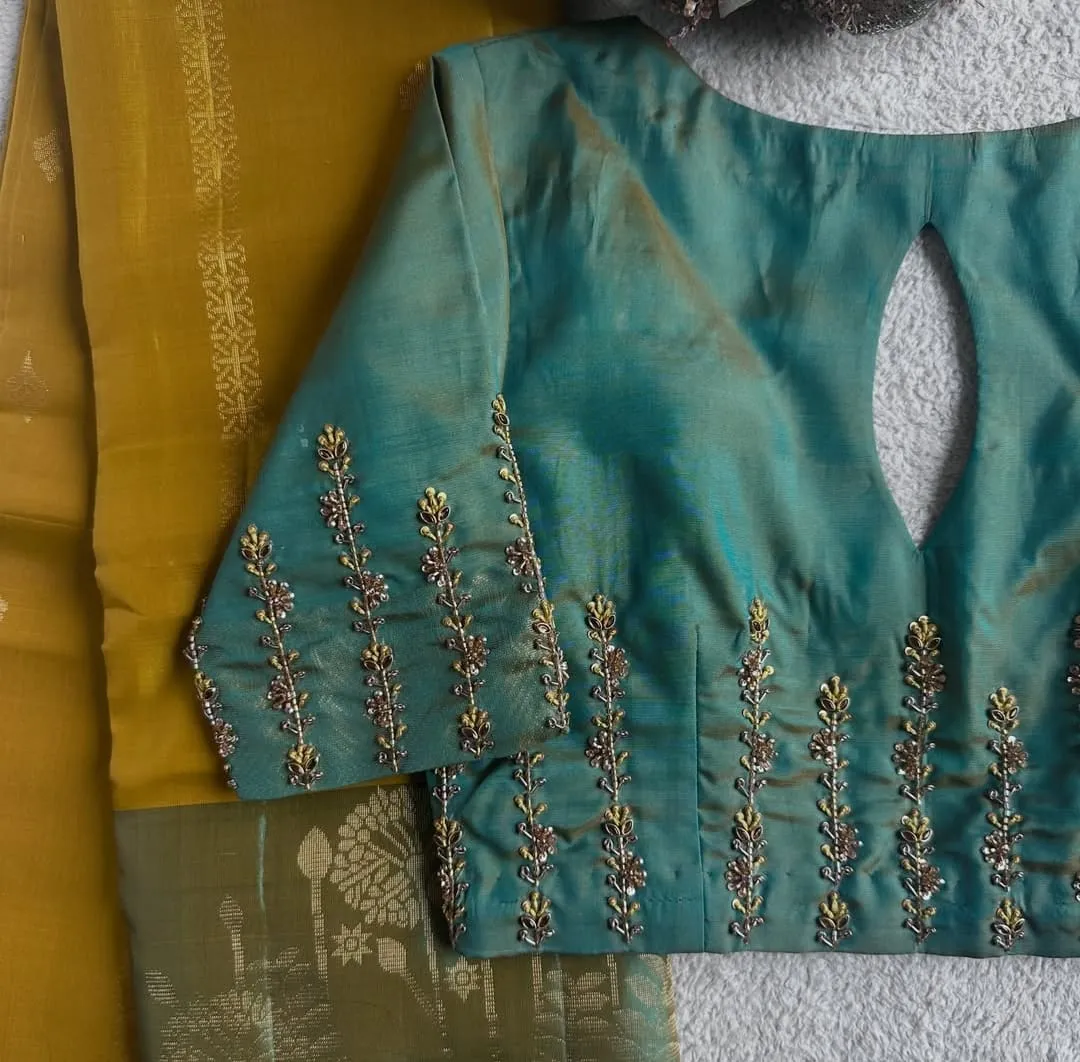 Teal Green Dual-Tone Silk Saree Blouse with Vertical Floral Aari Embroidery & Keyhole Back Neck