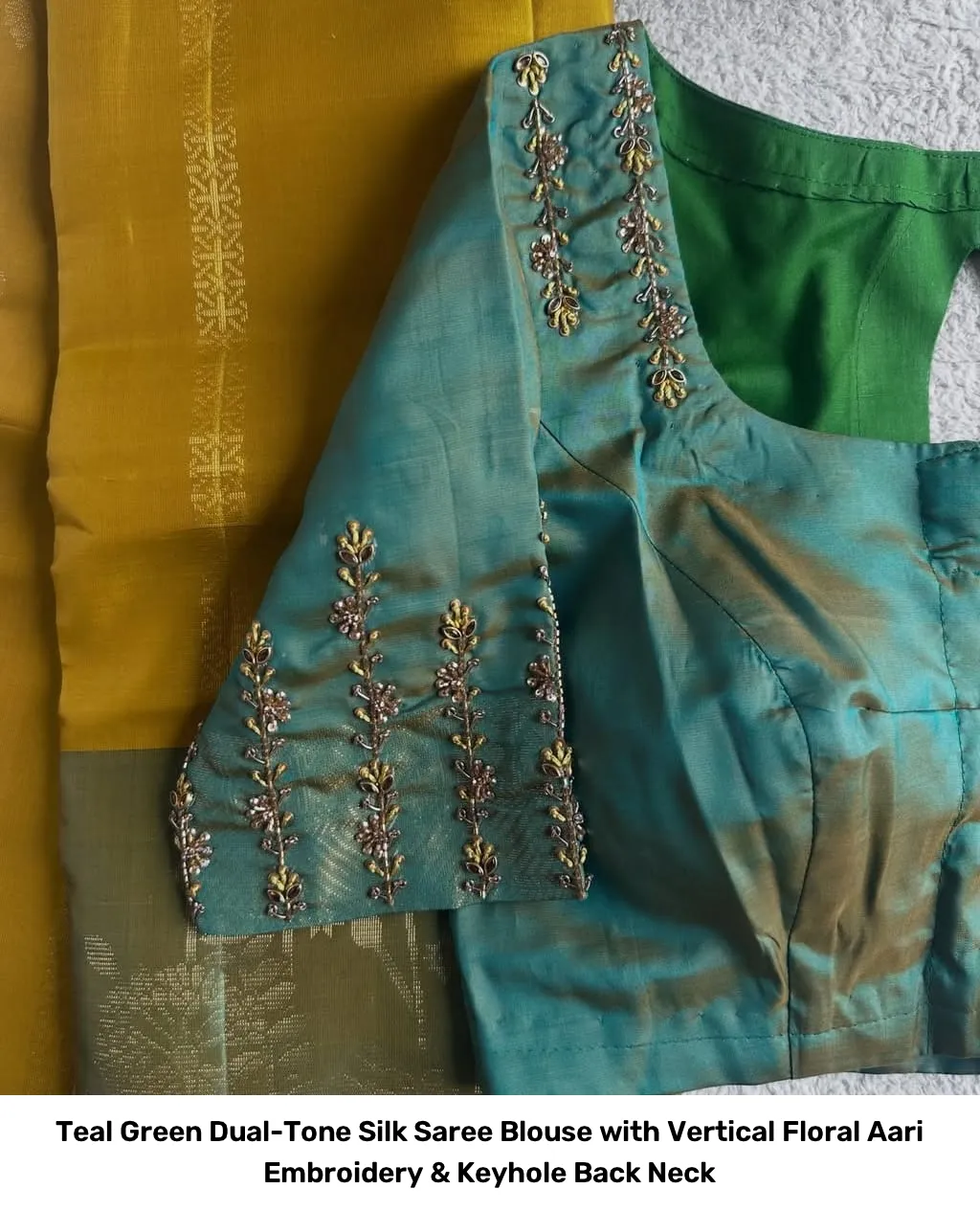Teal Green Dual-Tone Silk Saree Blouse with Vertical Floral Aari Embroidery & Keyhole Back Neck 2