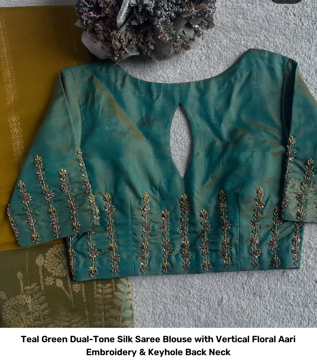 Teal Green Dual-Tone Silk Saree Blouse with Vertical Floral Aari Embroidery & Keyhole Back Neck 3