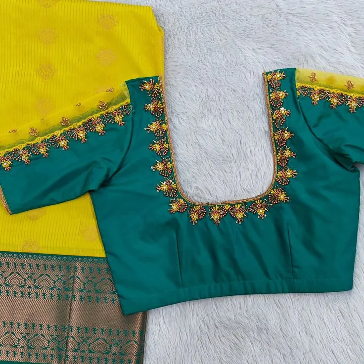 Teal Green Handcrafted Maggam Work Blouse with Yellow Net Frill Sleeves | Designer Bridal Aari Work Blouse for Silk Saree 1