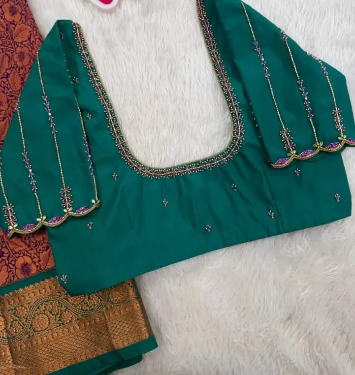 Teal Green Scalloped Aari Work Blouse | Handcrafted Purple Bead & Zari Silk Saree Blouse