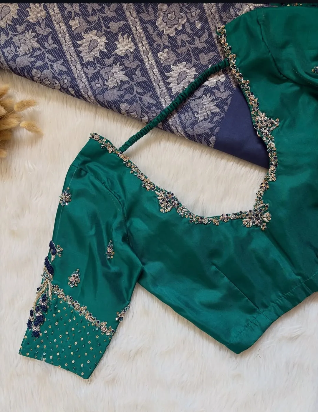 Teal Green Silk Bridal Maggam Blouse | Hand Embroidered 3D Peacock Motif Elbow Sleeve Saree Choli 1
