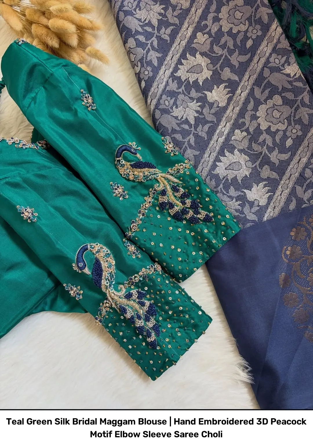 Teal Green Silk Bridal Maggam Blouse | Hand Embroidered 3D Peacock Motif Elbow Sleeve Saree Choli 2