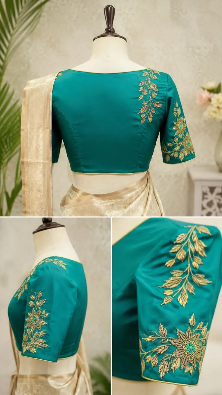 Teal Silk Blouse with Asymmetric Gold Leaf Vine Embroidery 1