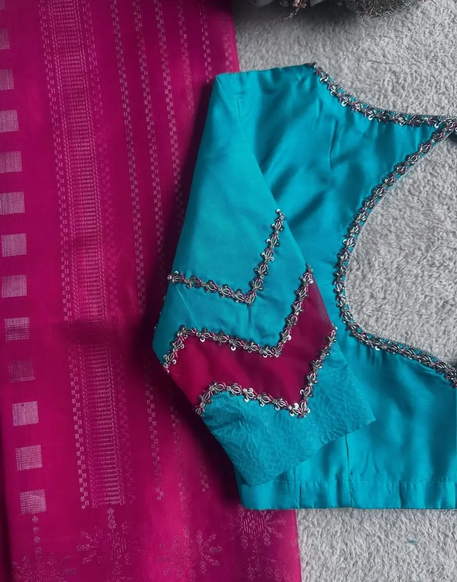 Teardrop Cutout Back Chevron Beaded Sleeve Teal Silk Blouse – Pink Contrast Border Saree Blouse 1