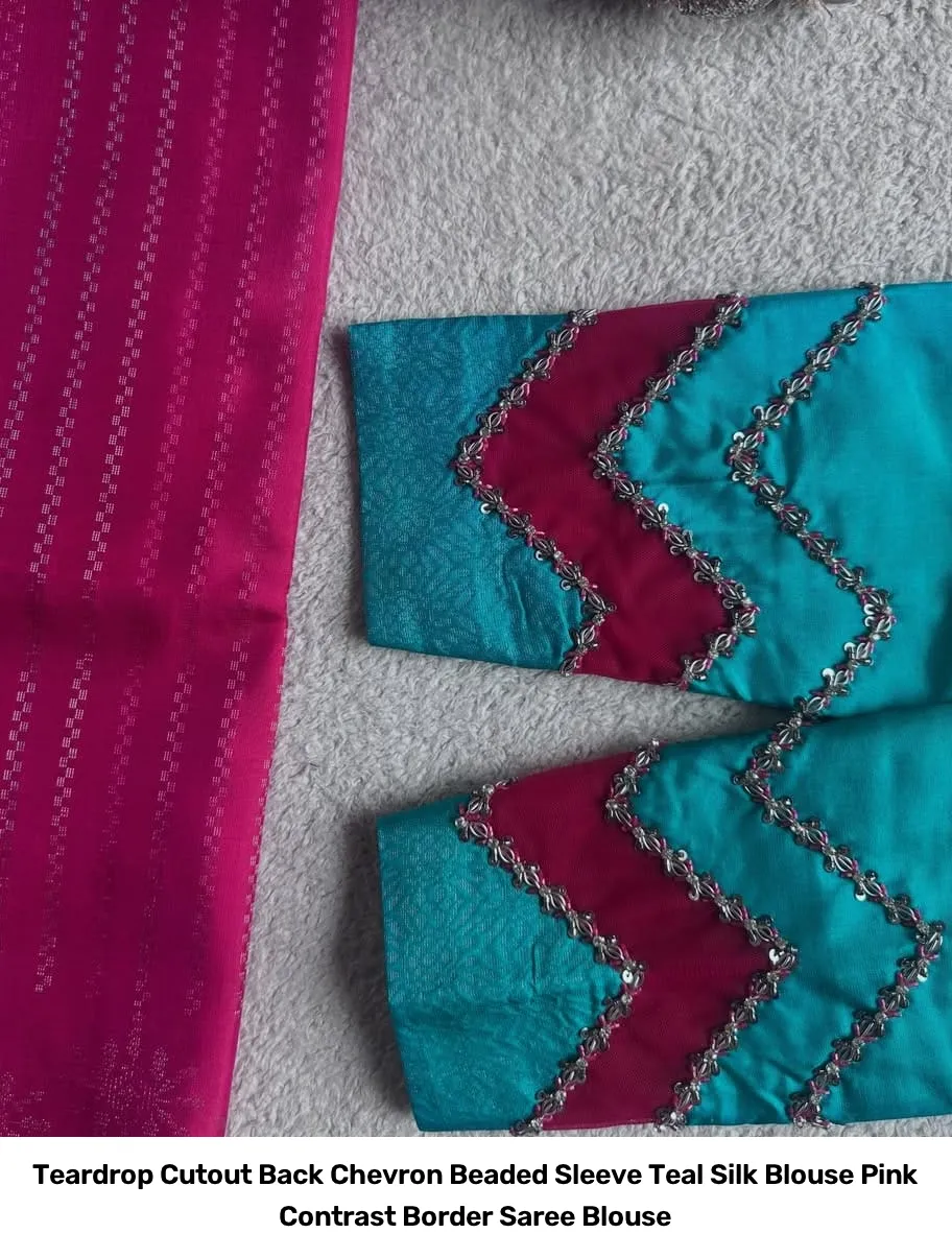 Teardrop Cutout Back Chevron Beaded Sleeve Teal Silk Blouse – Pink Contrast Border Saree Blouse 3