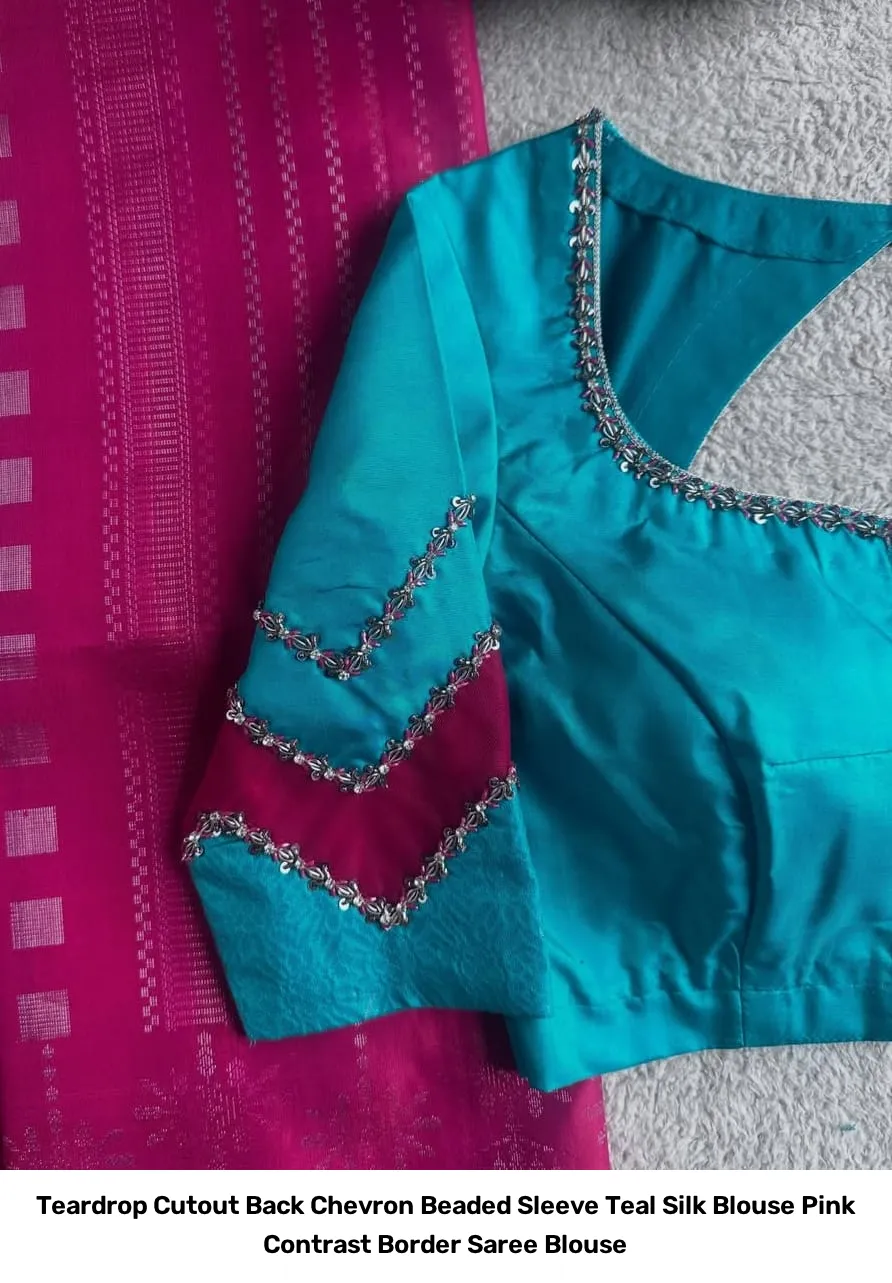 Teardrop Cutout Back Chevron Beaded Sleeve Teal Silk Blouse – Pink Contrast Border Saree Blouse 4