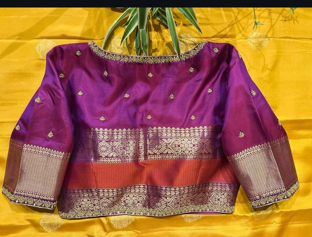 Traditional Kanjivaram Silk Blouse – Gold Zari Border & Butti Work | Customizable Size & Colour | Perfect for Wedding & Temple Functions 1
