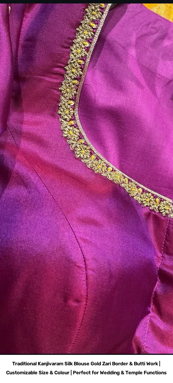 Traditional Kanjivaram Silk Blouse – Gold Zari Border & Butti Work | Customizable Size & Colour | Perfect for Wedding & Temple Functions 2