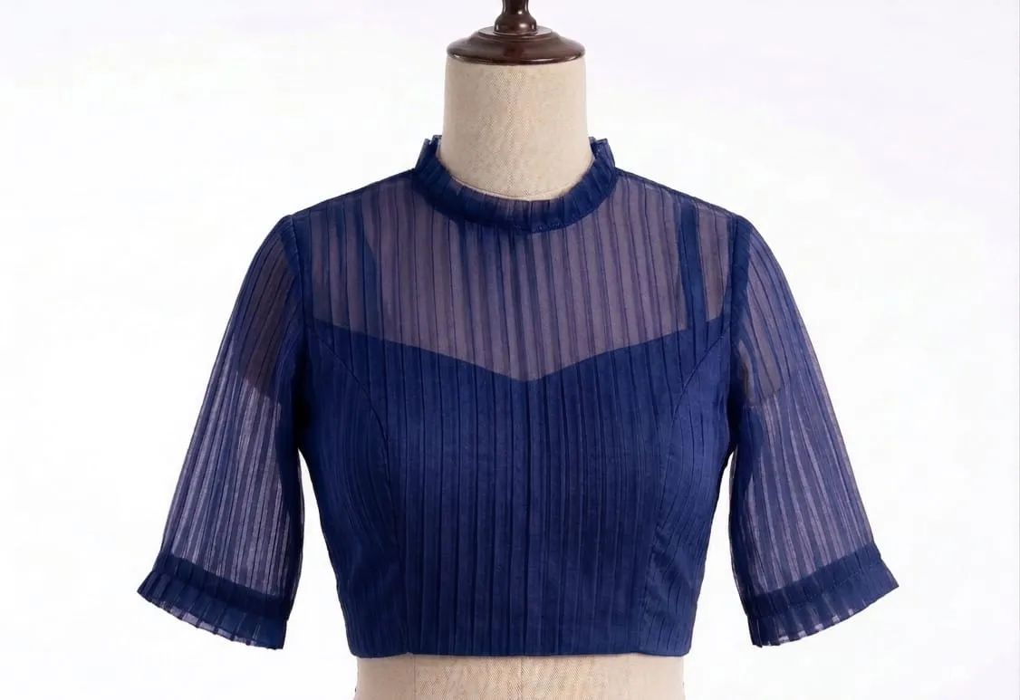 Trendy Pleated High Neck Saree Blouse with Sheer Yoke & Sleeves