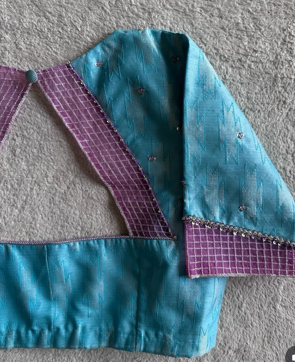 Turquoise Blue Silk Blouse – Purple Checkered Net Border & Sequin Work Readymade Designer Saree Blouse