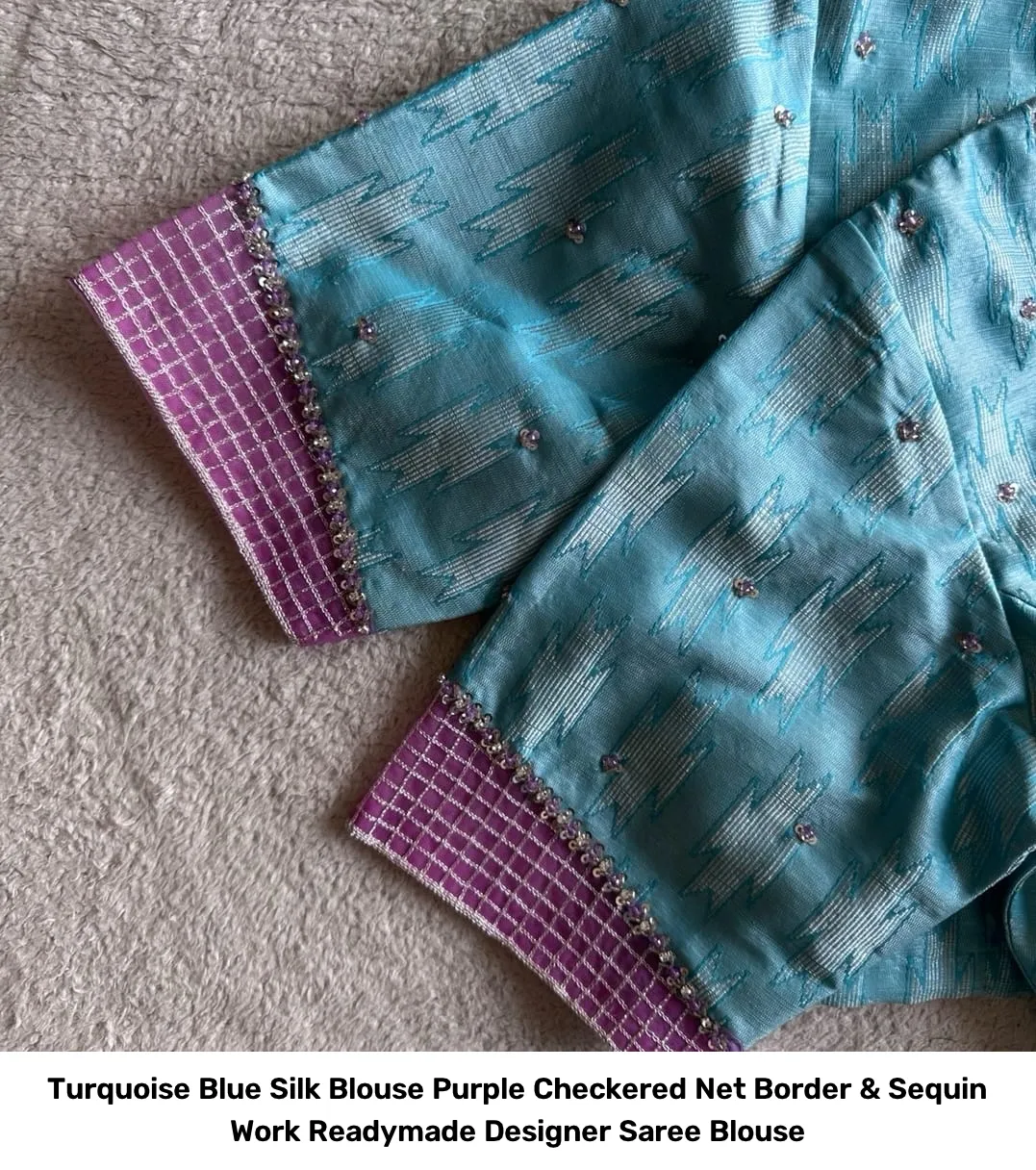 Turquoise Blue Silk Blouse – Purple Checkered Net Border & Sequin Work Readymade Designer Saree Blouse 2