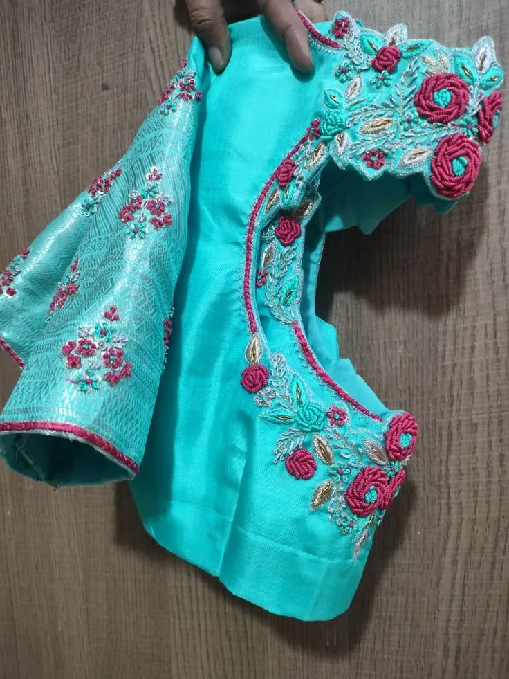 Turquoise Blue Silk Saree Blouse with 3D Pink Floral Bullion Knot Embroidery | Designer Scallop Neck Blouse