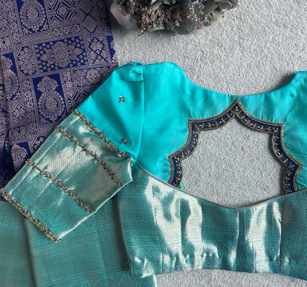 Turquoise Sky Blue Silk Saree Blouse with Royal Blue Temple Motif Cutout & Zari Brocade Sleeves