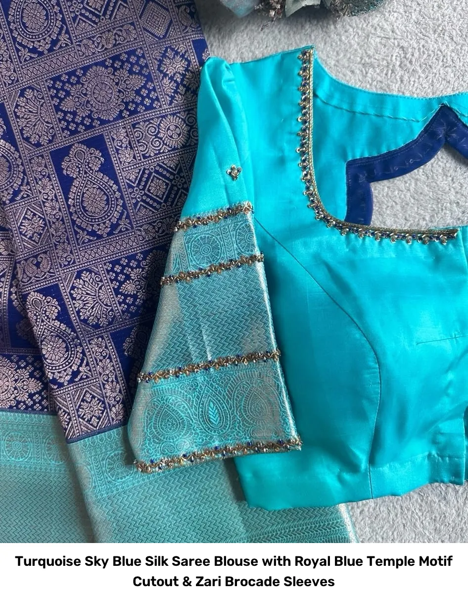 Turquoise Sky Blue Silk Saree Blouse with Royal Blue Temple Motif Cutout & Zari Brocade Sleeves 2