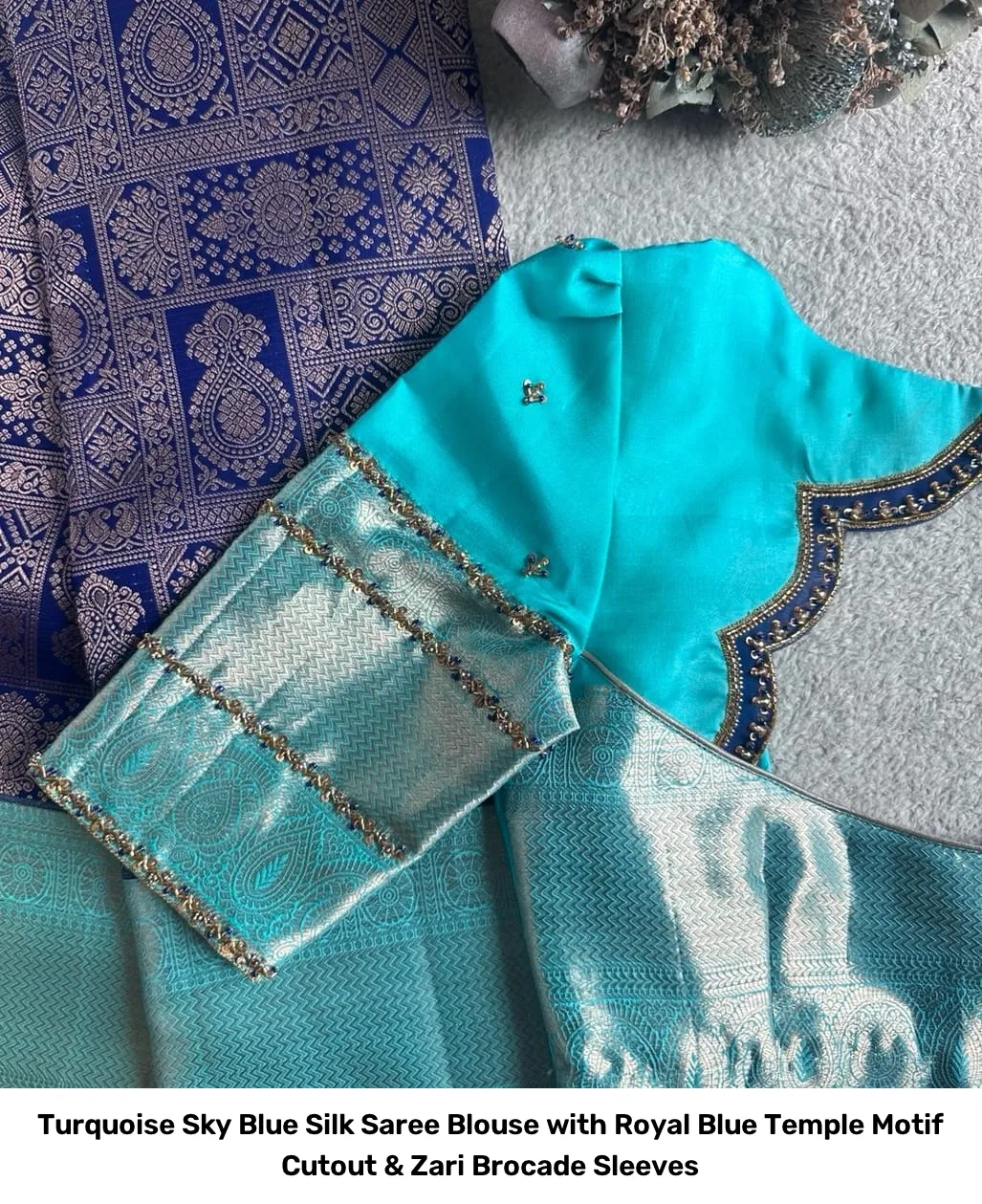 Turquoise Sky Blue Silk Saree Blouse with Royal Blue Temple Motif Cutout & Zari Brocade Sleeves 3
