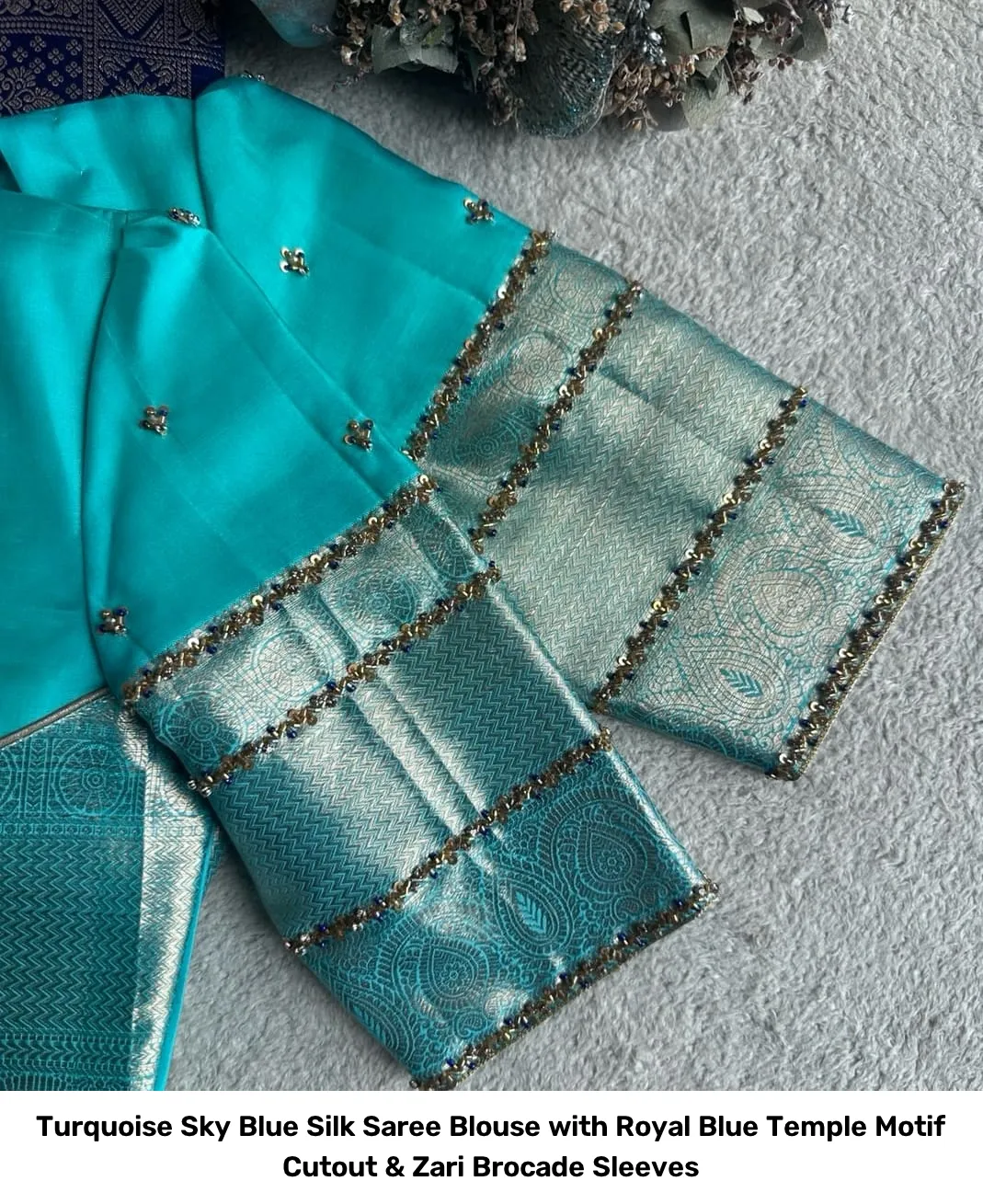 Turquoise Sky Blue Silk Saree Blouse with Royal Blue Temple Motif Cutout & Zari Brocade Sleeves 4