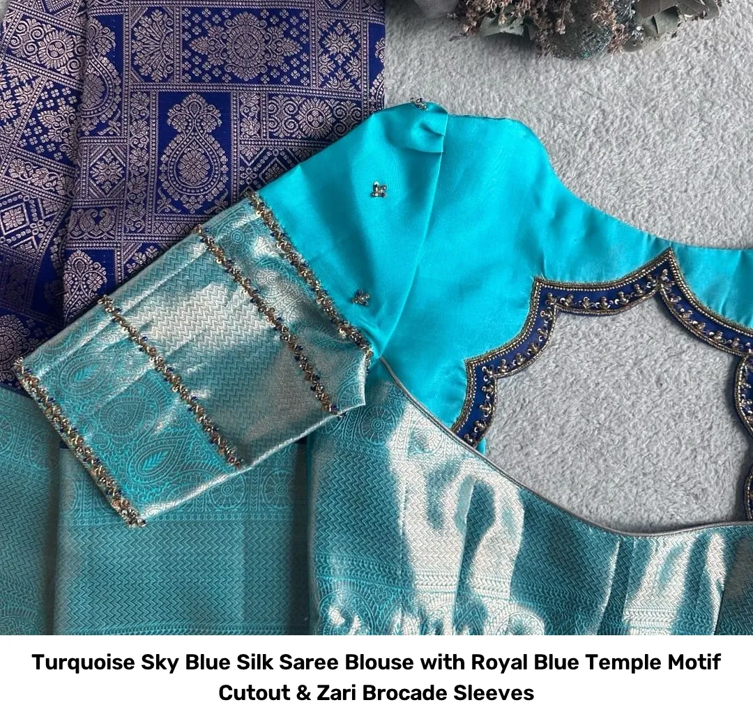 Turquoise Sky Blue Silk Saree Blouse with Royal Blue Temple Motif Cutout & Zari Brocade Sleeves 5