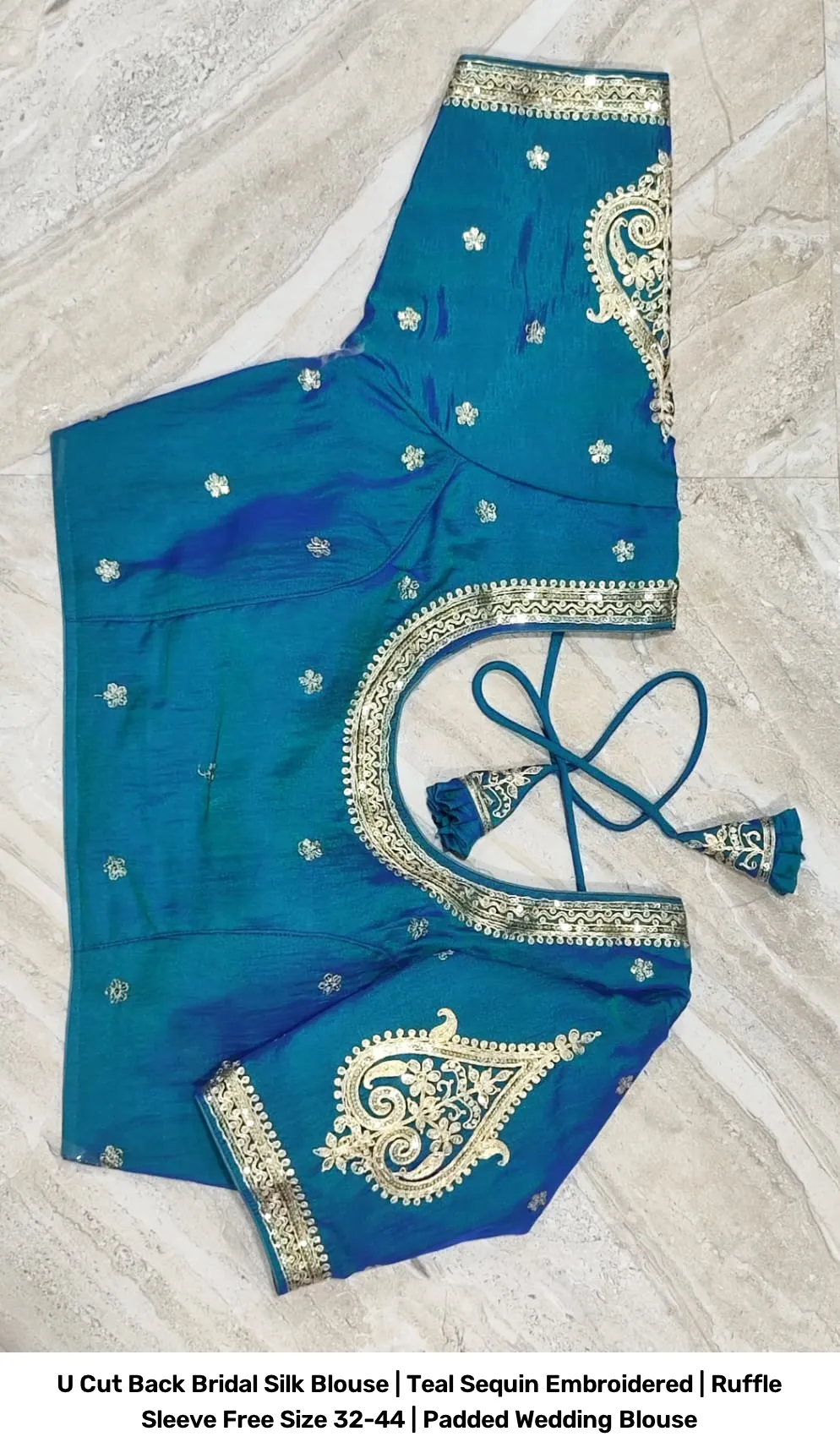 U Cut Back Bridal Silk Blouse | Teal Sequin Embroidered | Ruffle Sleeve Free Size 32-44 | Padded Wedding Blouse 3