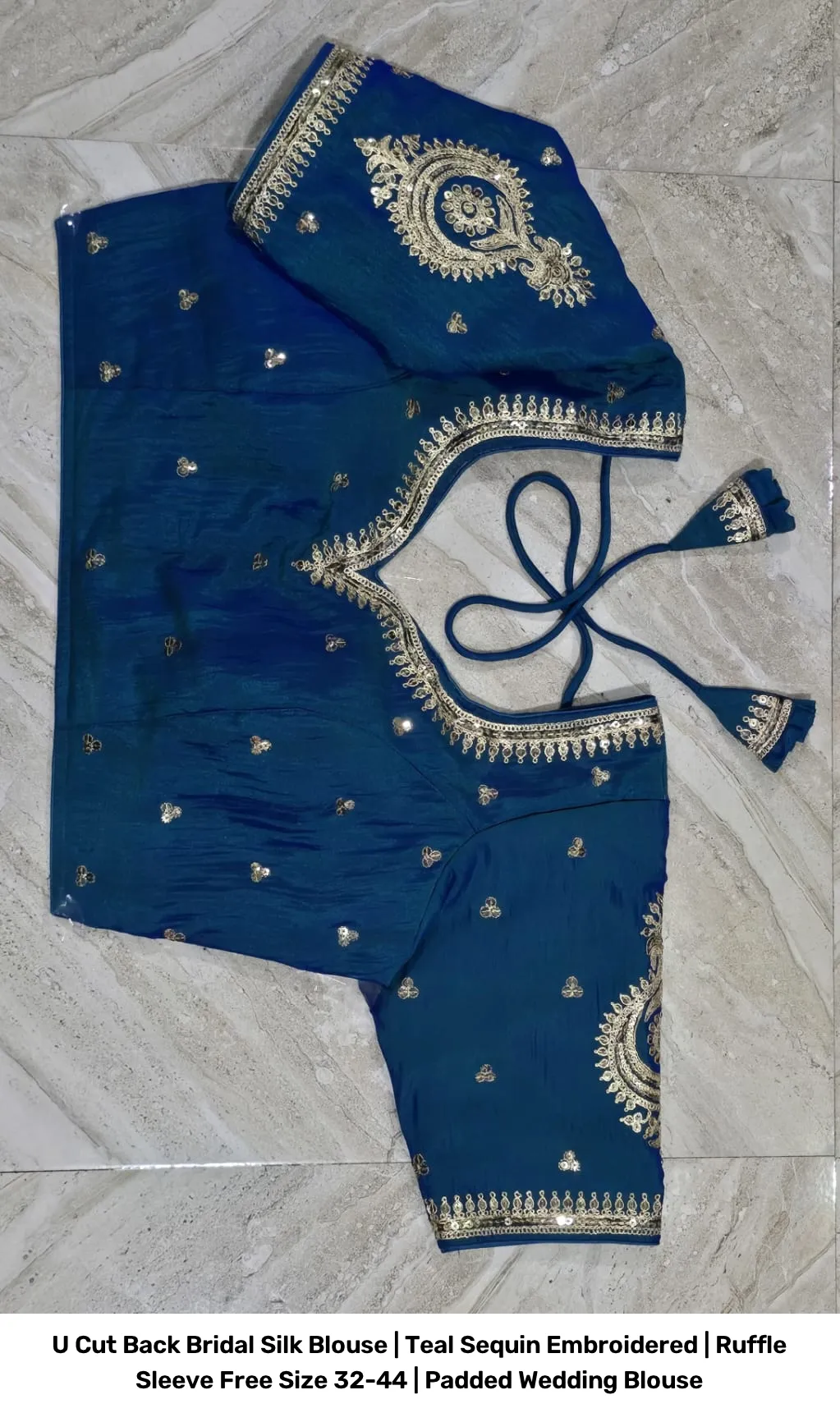 U Cut Back Bridal Silk Blouse | Teal Sequin Embroidered | Ruffle Sleeve Free Size 32-44 | Padded Wedding Blouse 4