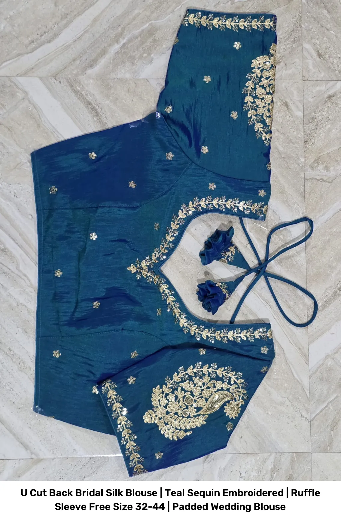 U Cut Back Bridal Silk Blouse | Teal Sequin Embroidered | Ruffle Sleeve Free Size 32-44 | Padded Wedding Blouse 6