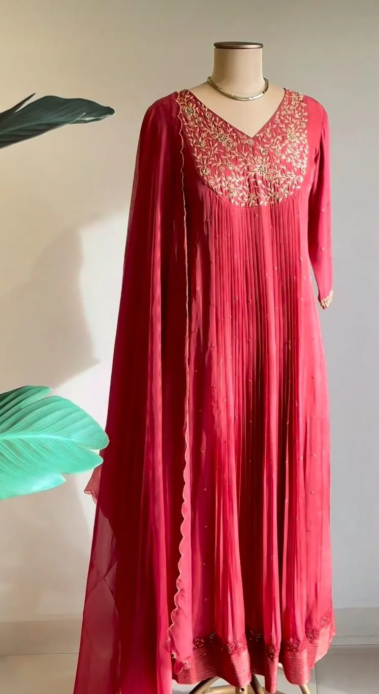 V-Neck Gold Embroidered Yoke Rose Pink Anarkali Gown – Pleated Georgette Flared Anarkali with Dupatta