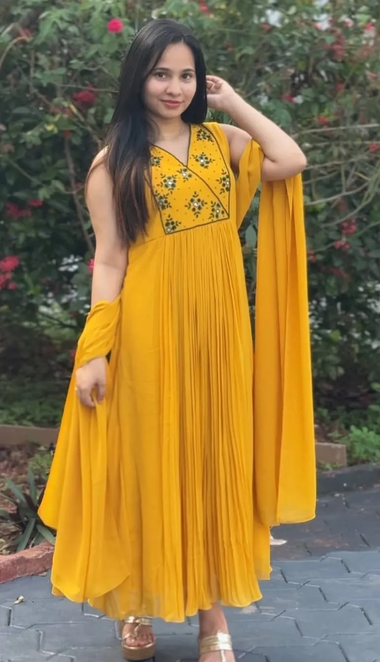 Vibrant Mustard Yellow Georgette Pleated Anarkali Suit Set – V-Neck Embroidered Festive Gown