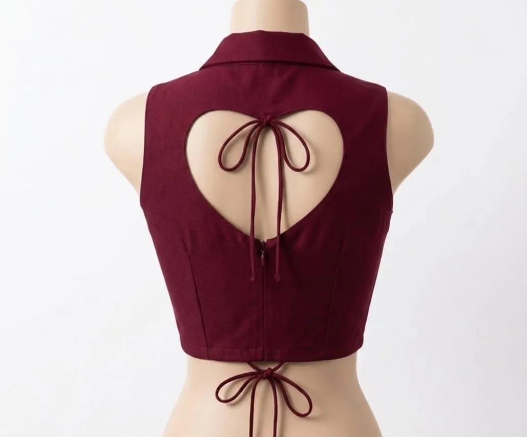 Vintage Heart Cut Out Sleeveless Crop Top | Collared Corset Bustier Top with Tie Back & Keyhole Front