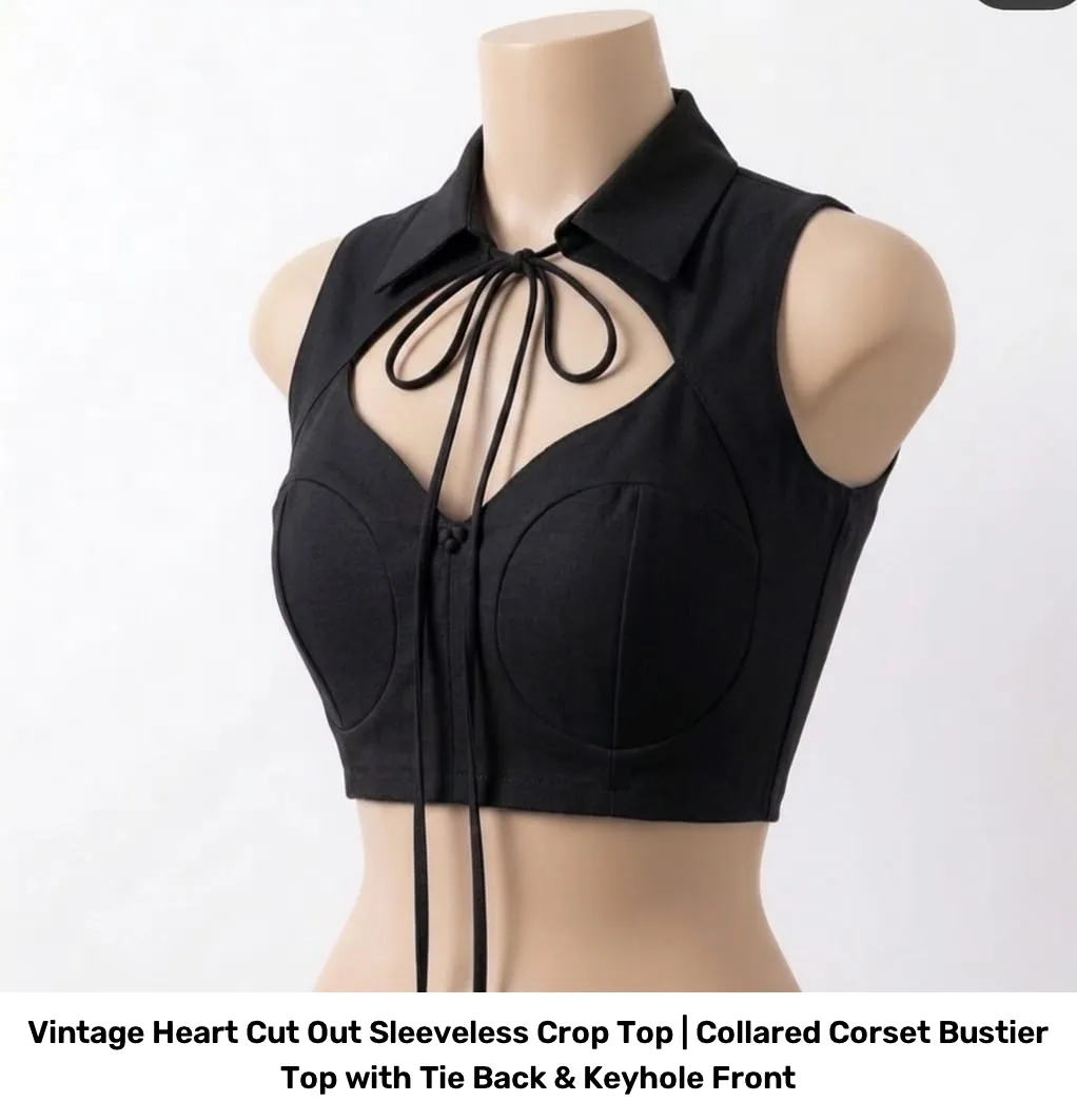 Vintage Heart Cut Out Sleeveless Crop Top | Collared Corset Bustier Top with Tie Back & Keyhole Front 2