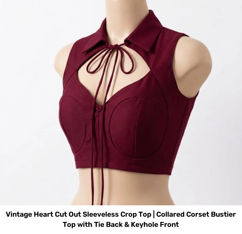 Vintage Heart Cut Out Sleeveless Crop Top | Collared Corset Bustier Top with Tie Back & Keyhole Front 3