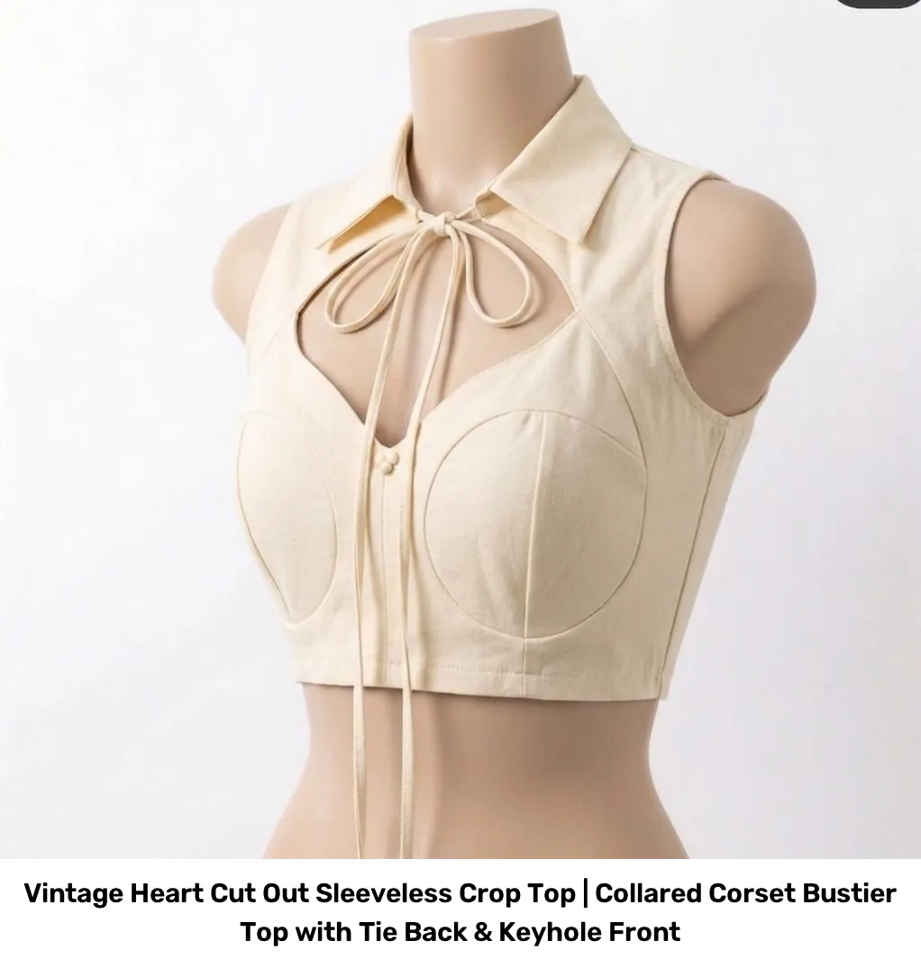 Vintage Heart Cut Out Sleeveless Crop Top | Collared Corset Bustier Top with Tie Back & Keyhole Front 4