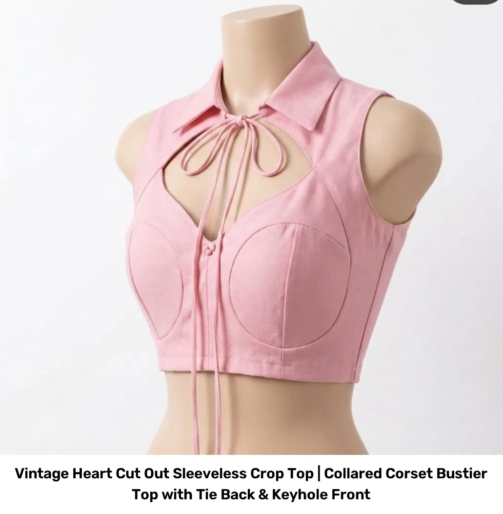 Vintage Heart Cut Out Sleeveless Crop Top | Collared Corset Bustier Top with Tie Back & Keyhole Front 5