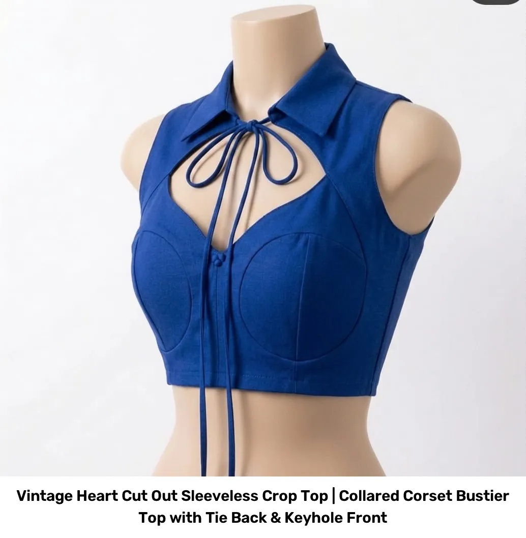 Vintage Heart Cut Out Sleeveless Crop Top | Collared Corset Bustier Top with Tie Back & Keyhole Front 6