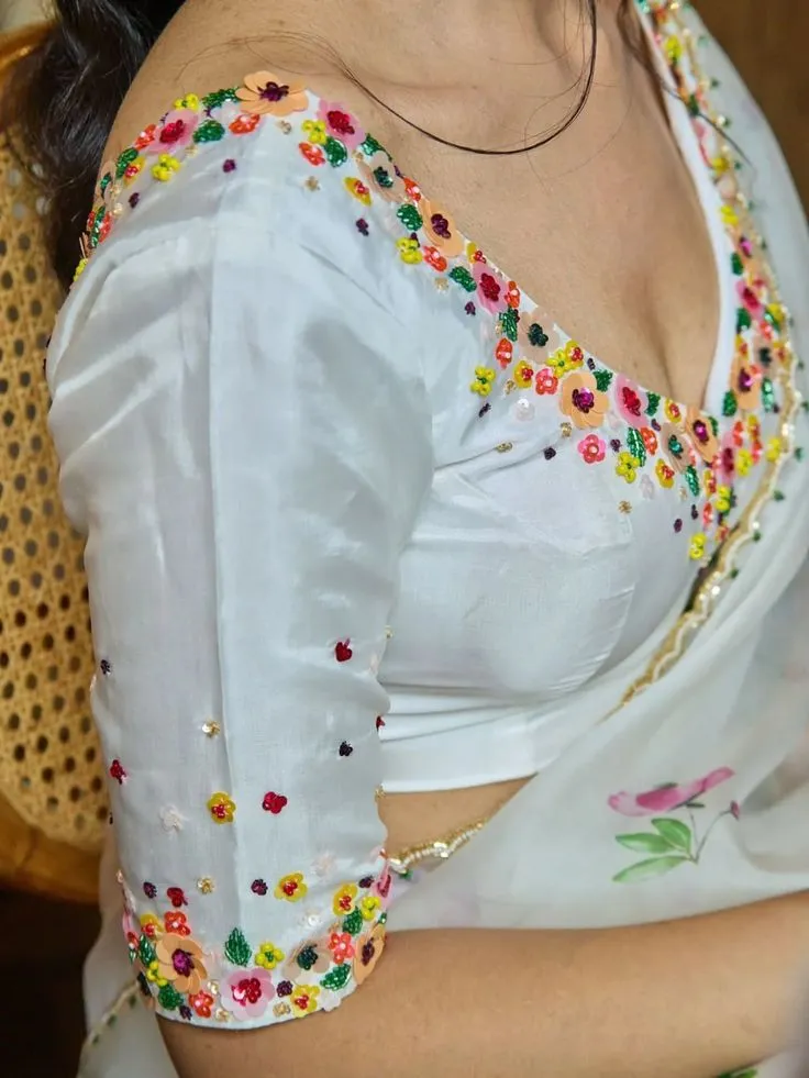 White Silk Saree Blouse | Multicolor Floral 3D Sequin Embroidery V-Neck Readymade Blouse