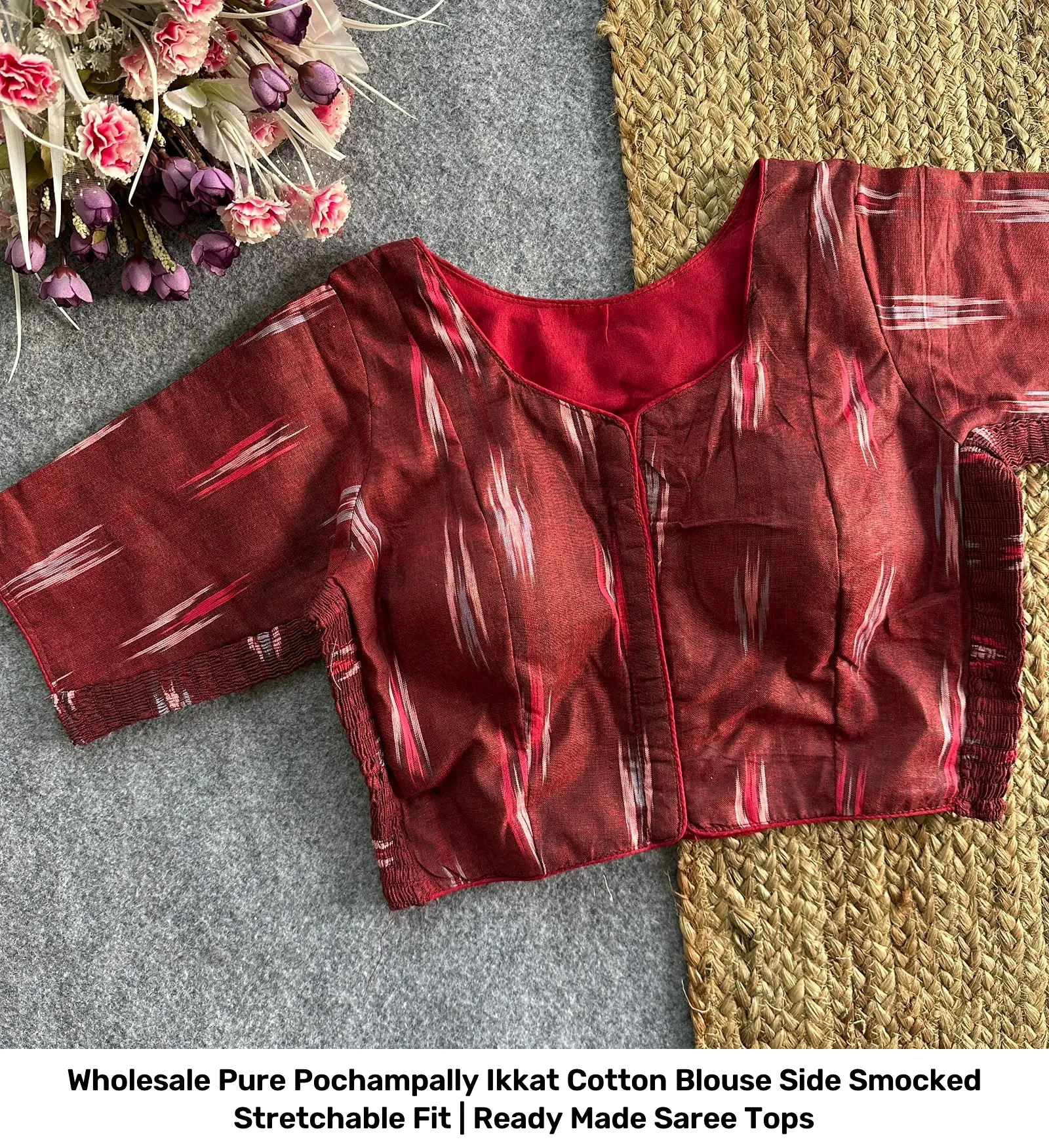 Wholesale Pure Pochampally Ikkat Cotton Blouse – Side Smocked Stretchable Fit | Ready Made Saree Tops 2