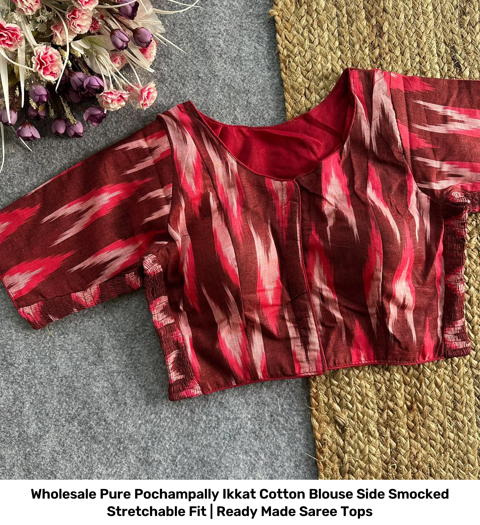 Wholesale Pure Pochampally Ikkat Cotton Blouse – Side Smocked Stretchable Fit | Ready Made Saree Tops 4