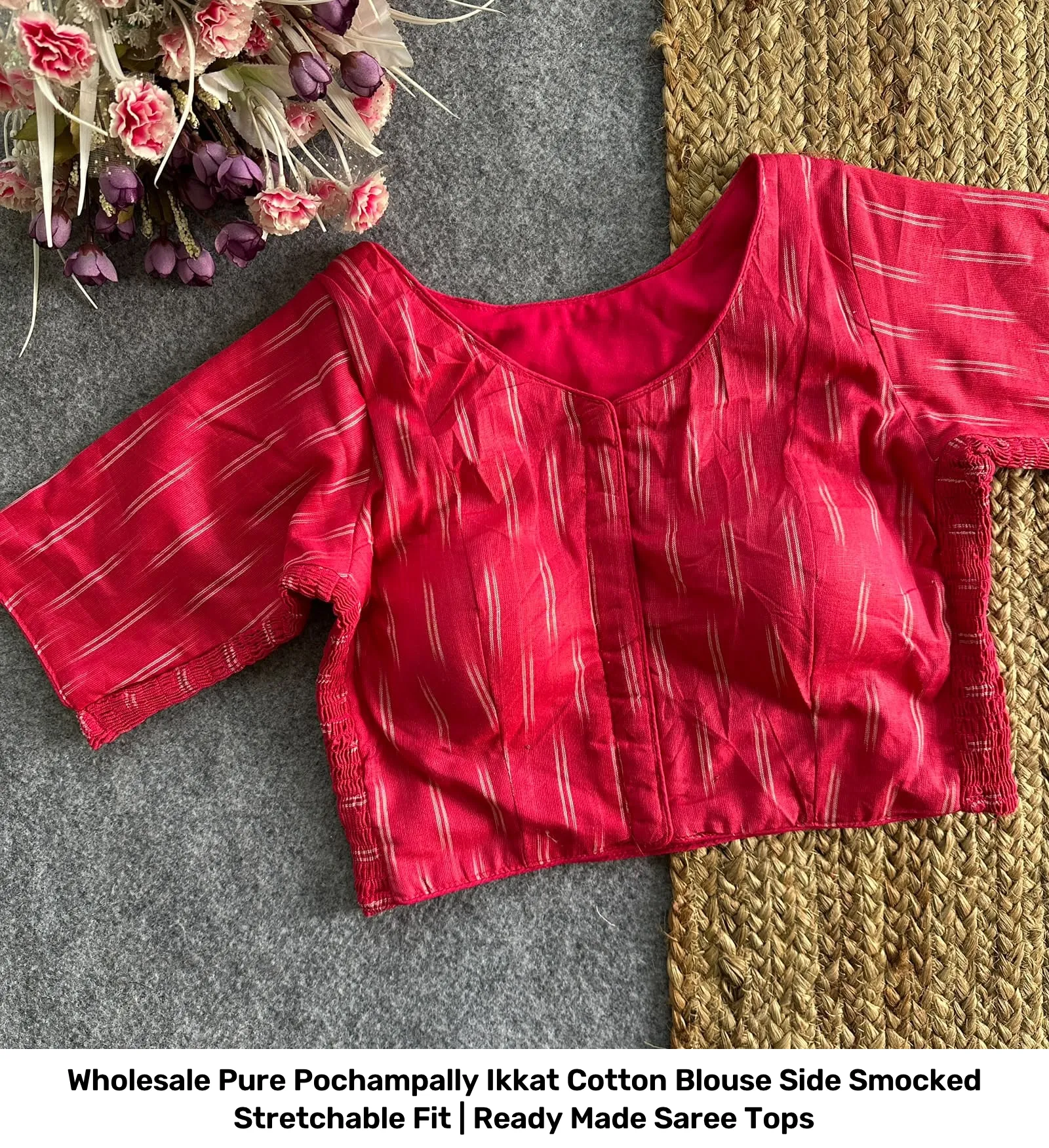 Wholesale Pure Pochampally Ikkat Cotton Blouse – Side Smocked Stretchable Fit | Ready Made Saree Tops 5