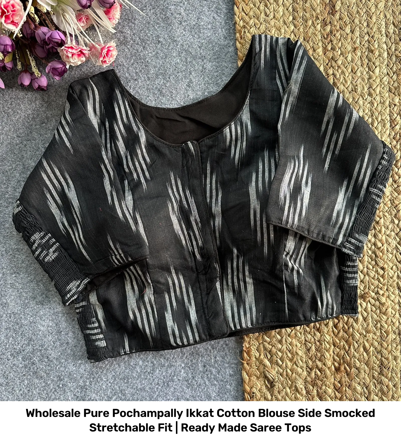 Wholesale Pure Pochampally Ikkat Cotton Blouse – Side Smocked Stretchable Fit | Ready Made Saree Tops 6