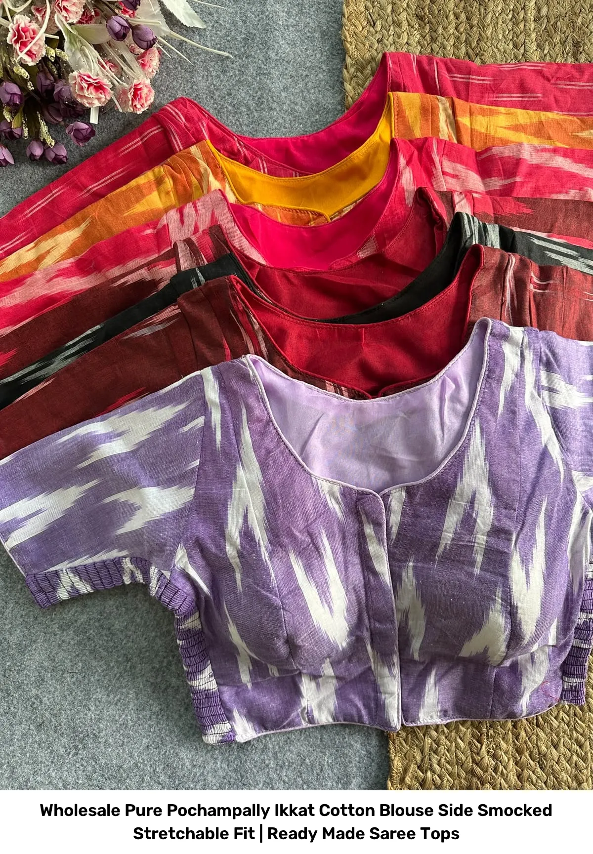 Wholesale Pure Pochampally Ikkat Cotton Blouse – Side Smocked Stretchable Fit | Ready Made Saree Tops 7