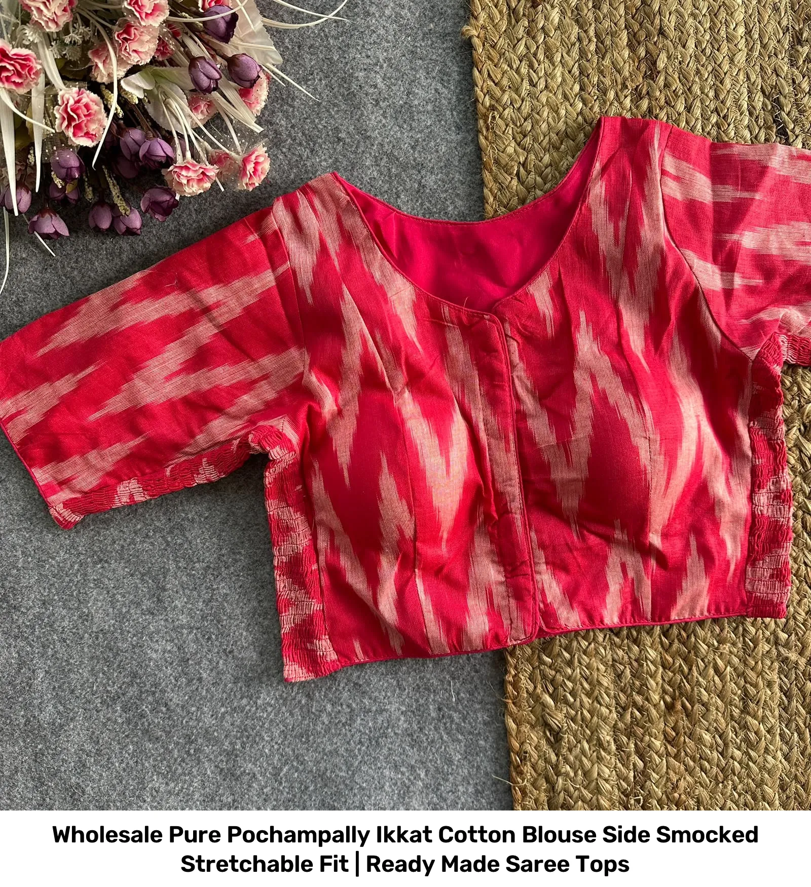 Wholesale Pure Pochampally Ikkat Cotton Blouse – Side Smocked Stretchable Fit | Ready Made Saree Tops 8