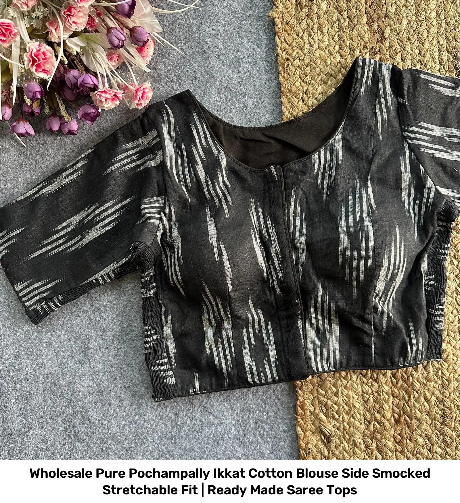Wholesale Pure Pochampally Ikkat Cotton Blouse – Side Smocked Stretchable Fit | Ready Made Saree Tops 9