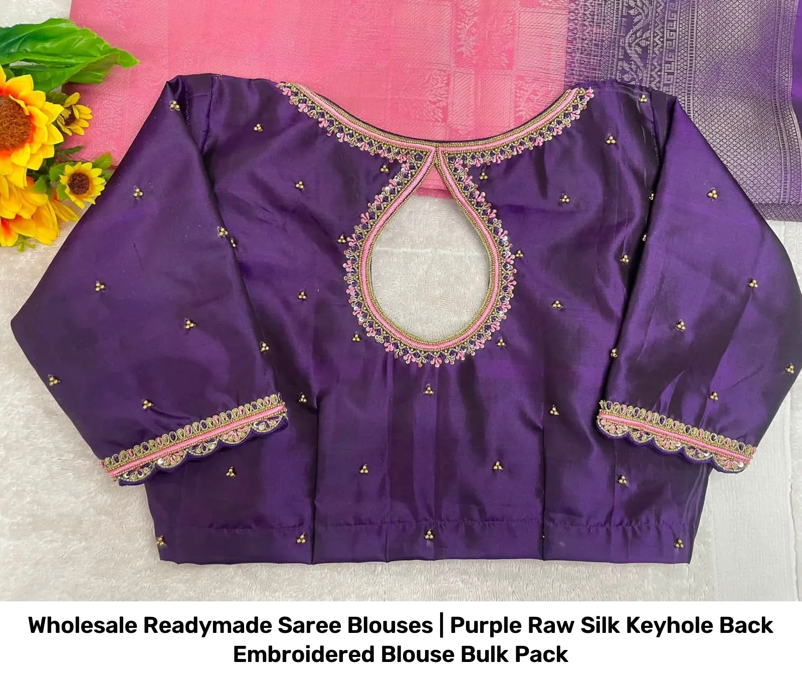 Wholesale Readymade Saree Blouses | Purple Raw Silk Keyhole Back Embroidered Blouse Bulk Pack 2
