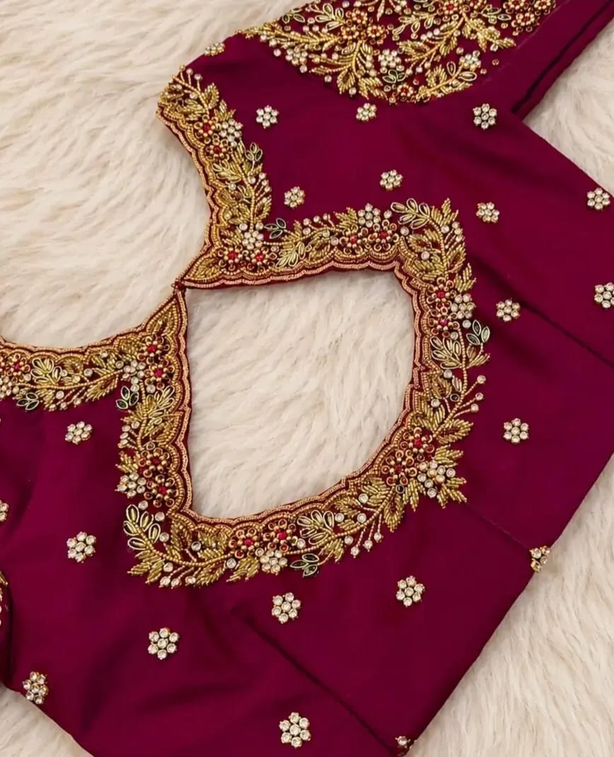 Wine Magenta Bridal Aari Work Blouse | Heavy Floral Cutwork Zardosi & Stone Maggam Work Silk Saree Blouse 1