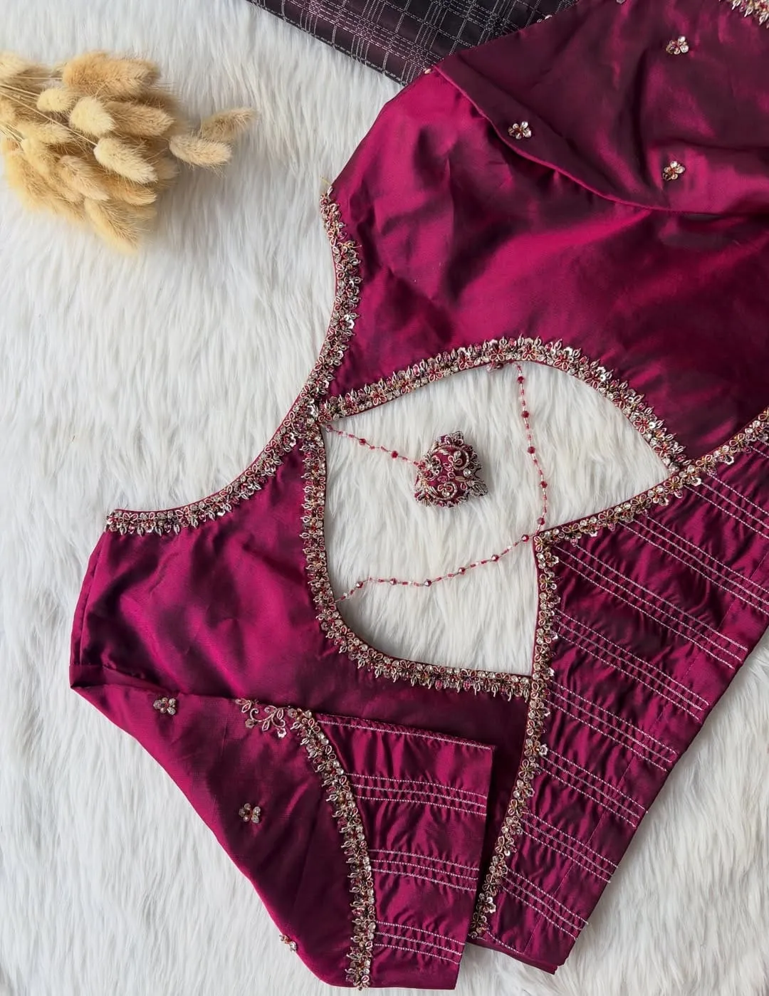 Wine Magenta Hand Embroidered Silk Blouse | Diamond Back Neck Cutout & Beaded Latkan 1
