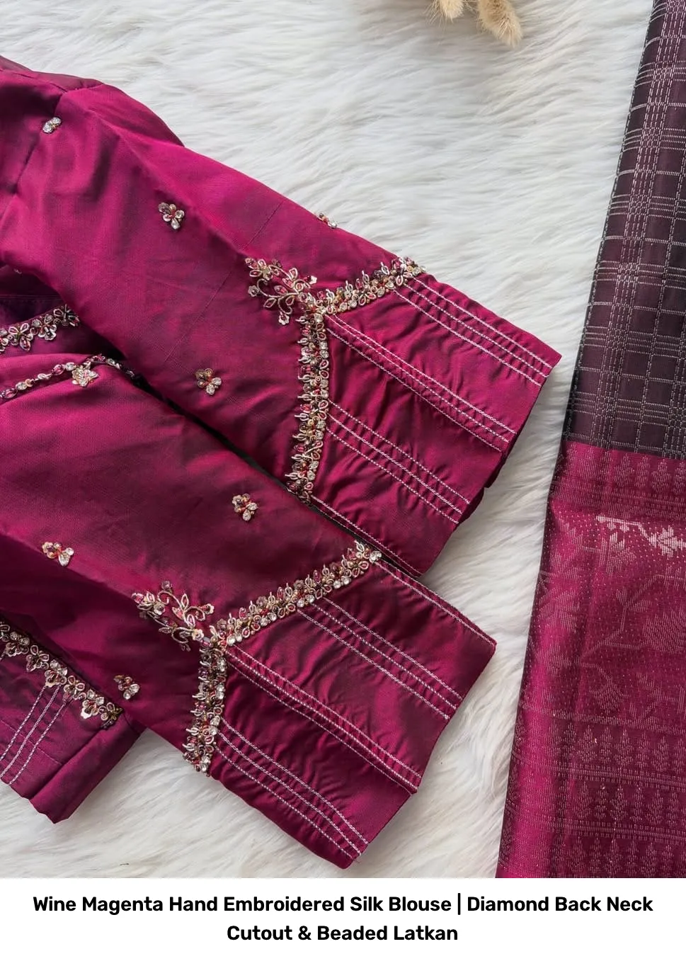 Wine Magenta Hand Embroidered Silk Blouse | Diamond Back Neck Cutout & Beaded Latkan 2