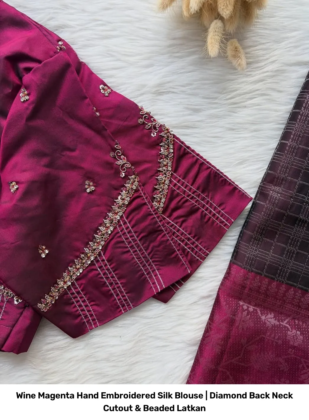 Wine Magenta Hand Embroidered Silk Blouse | Diamond Back Neck Cutout & Beaded Latkan 3