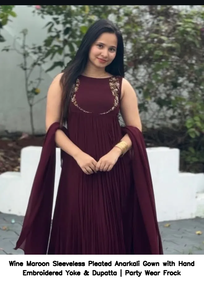 Wine Maroon Sleeveless Pleated Anarkali Gown with Hand Embroidered Yoke & Dupatta | Party Wear Frock 2