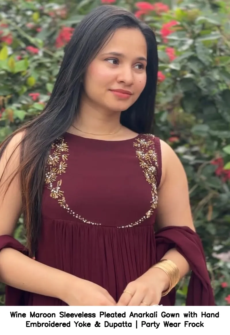 Wine Maroon Sleeveless Pleated Anarkali Gown with Hand Embroidered Yoke & Dupatta | Party Wear Frock 3