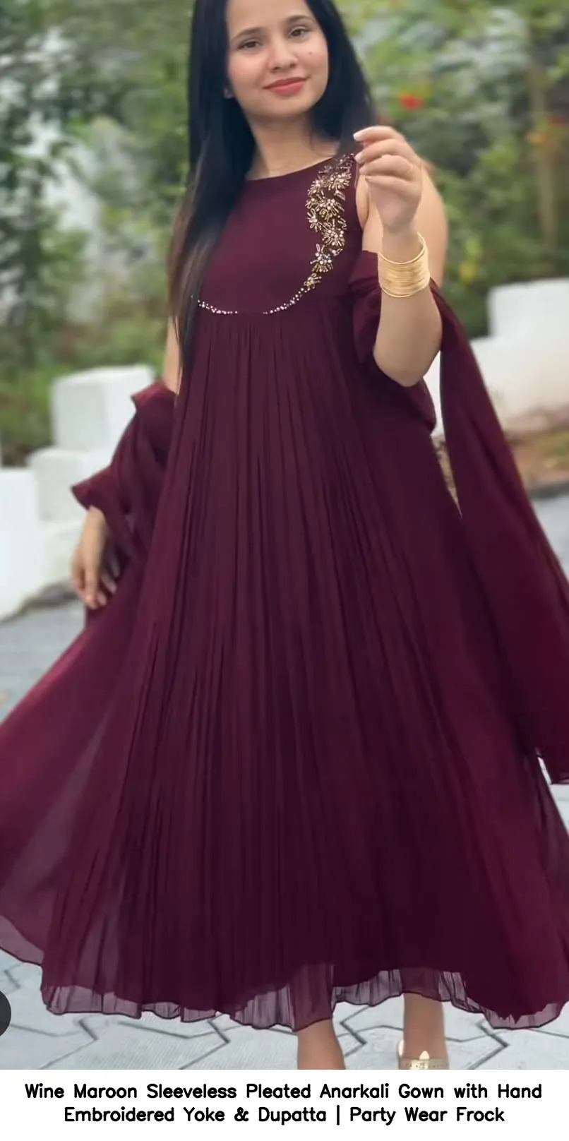 Wine Maroon Sleeveless Pleated Anarkali Gown with Hand Embroidered Yoke & Dupatta | Party Wear Frock 4