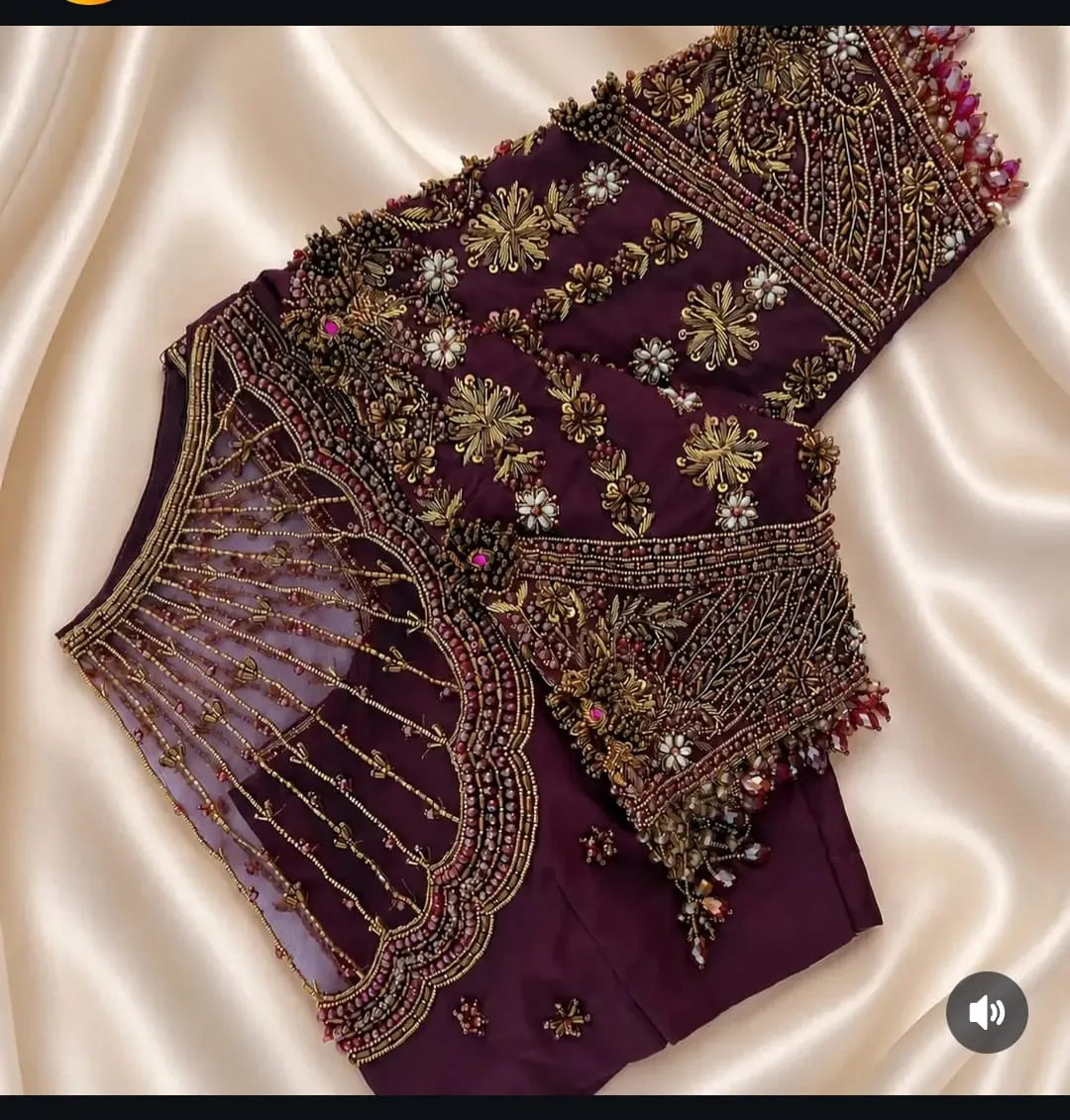 Wine Plum Aari Work Designer Readymade Saree Blouse | Heavy 3D Zardosi Bridal Silk Blouse 1
